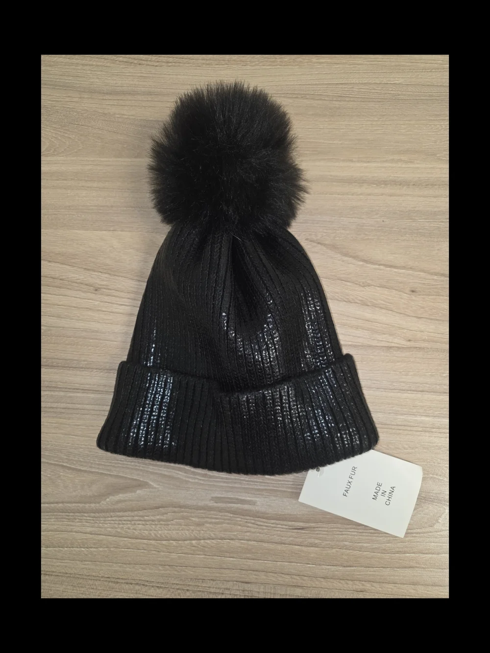 Adrienne Landau Metalic Black Ribbed Knit Beanie with Faux Fur Pom